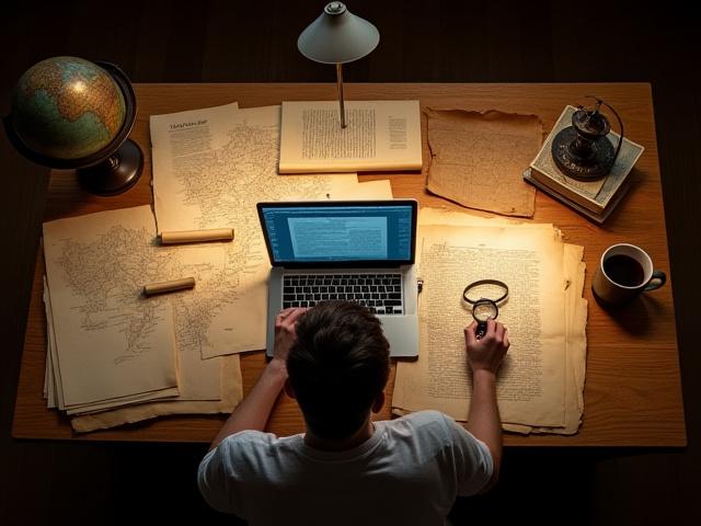 Eine Person recherchiert an einem Computer, umgeben von historischen Dokumenten